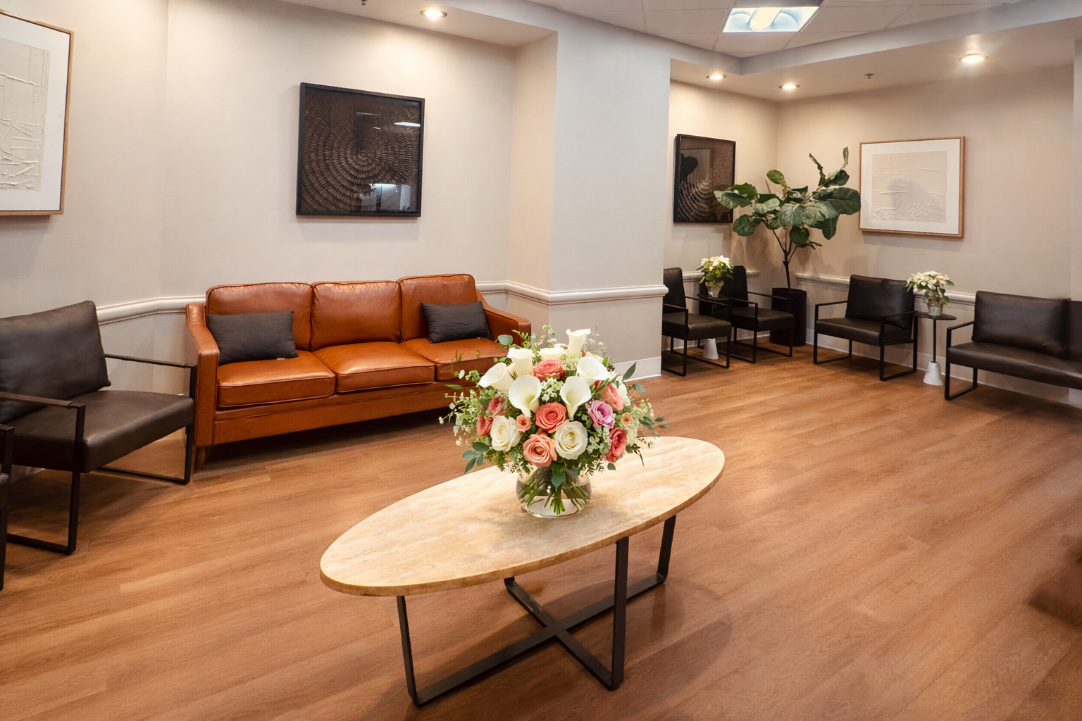 Image of the office's lobby / waiting area. Whote room with couches and black chairs. We see a center table with a decorative plant.